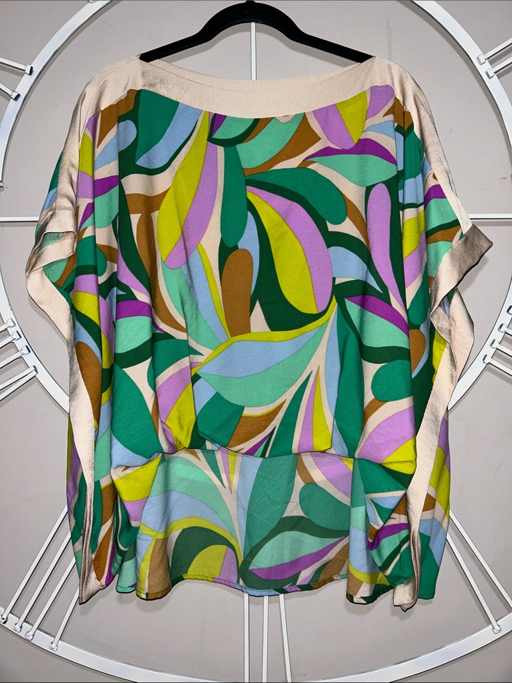 Tyche Bohemian Abstract Leaf/Petal Print Banded Boat Neck Blouse with Cream Trim